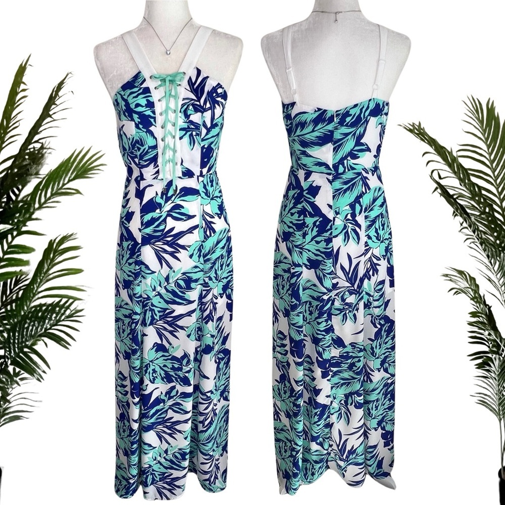 Jealous Tomato Tropical Palm Leaf Lace Up Bodice Dress White Aqua Blue Small S - Picture 17 of 17